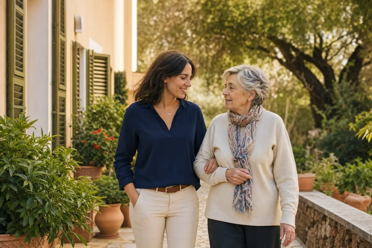 Madre e hija adulta paseando juntas por un jardín