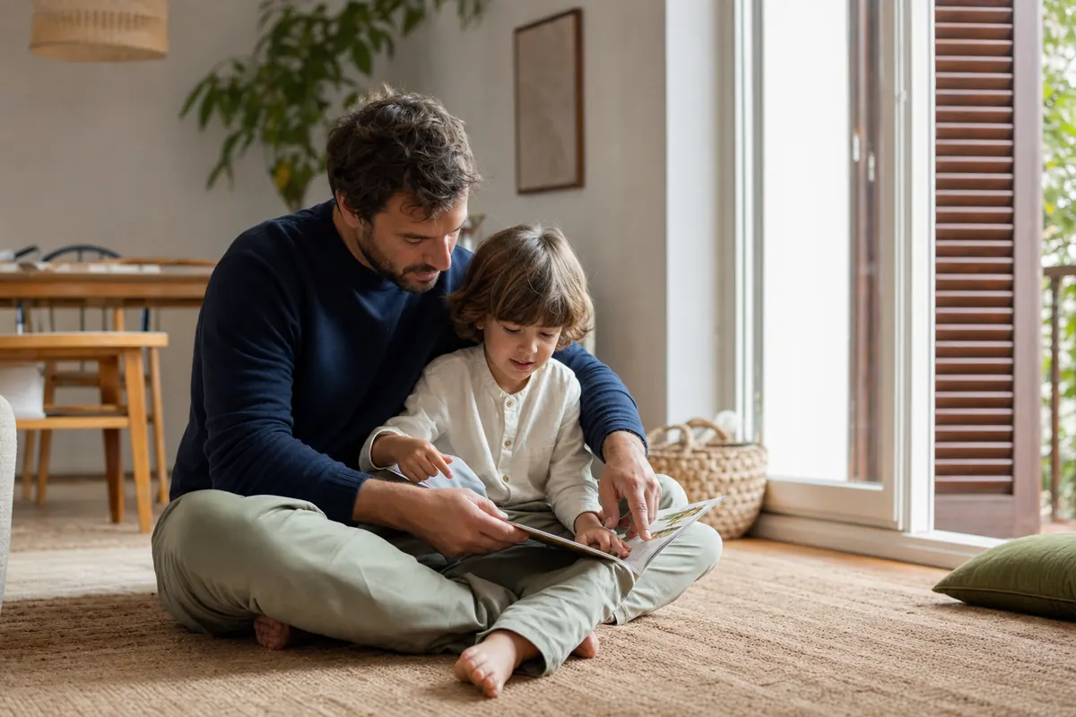Padre compartiendo una lectura con su hijo en casa