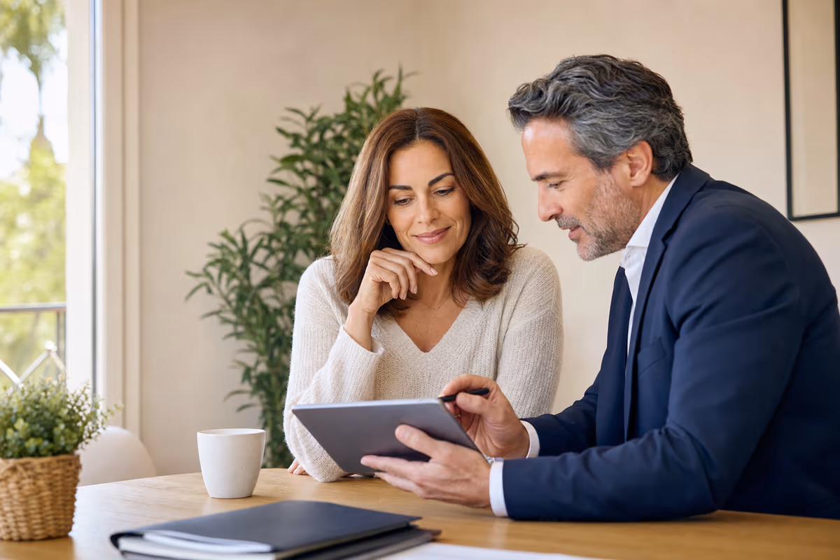 Mujer revisando una planificación financiera junto a un asesor