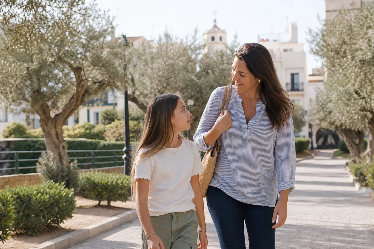 Madre e hija paseando juntas al aire libre