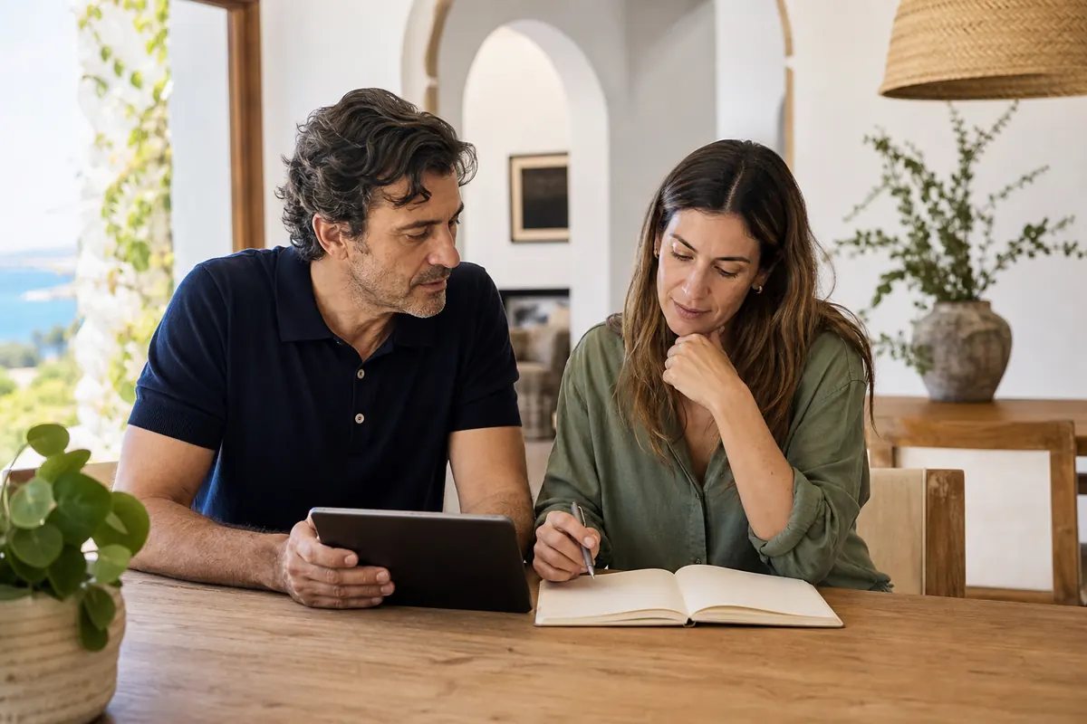 Pareja planificando sus objetivos de ahorro en casa